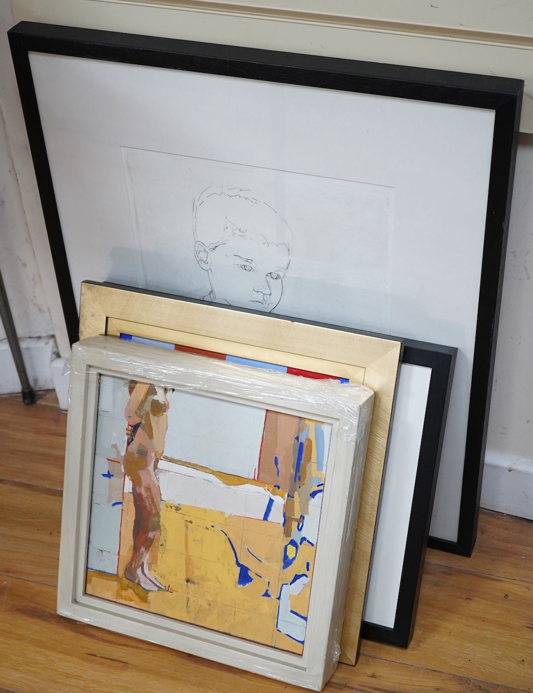 A collection of works by Piers Ottey (contemporary), to include: pencil figural studies and abstract oils, 39 x 32cm. Condition - mostly good